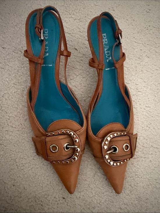 Prada Shoes - Prada Brown Leather Pointed Slingback Heels with Teal Insole